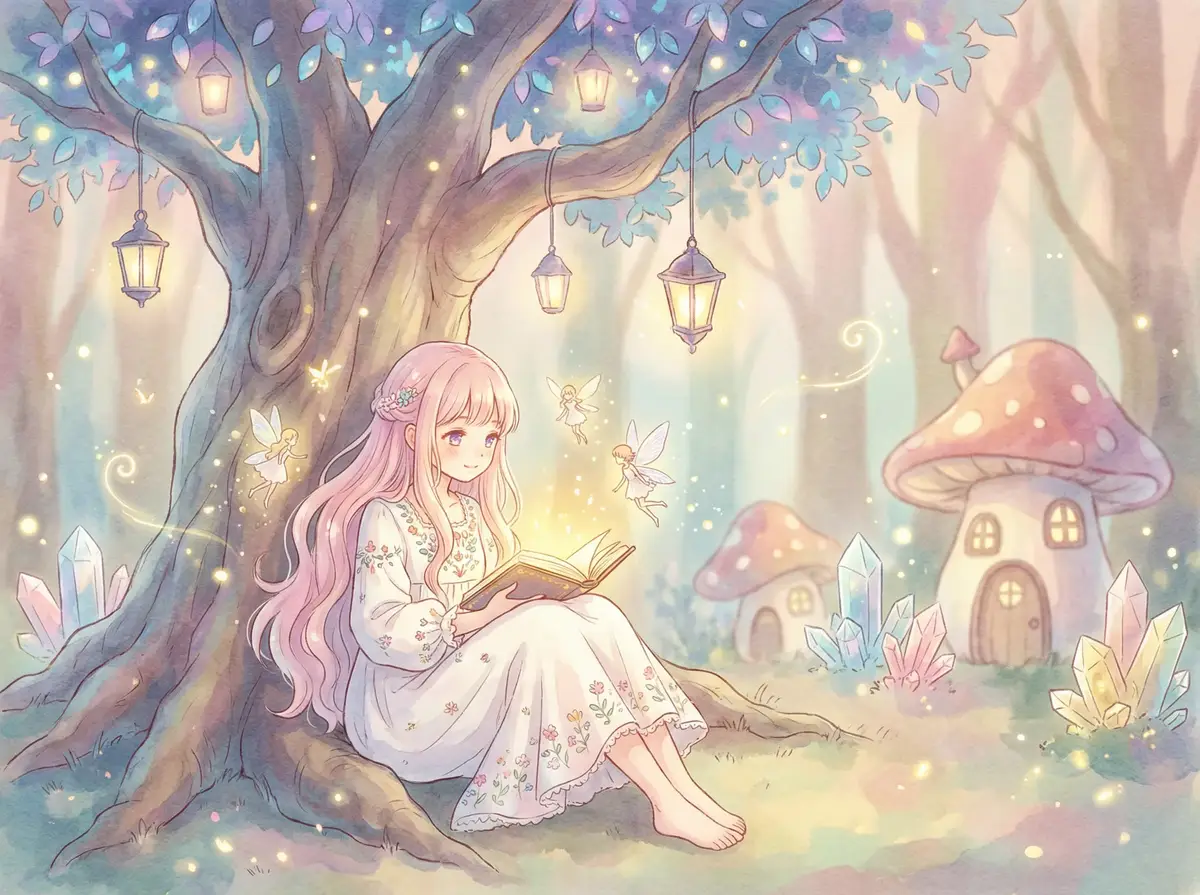 富二代app破解版 - 魔法森林中阅读故事书的粉发少女与精灵
